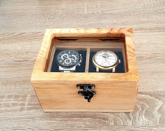 Wooden Watch Box for 2 Wathes, Watch Storage Box, Wooden Watch Case with Glass Lid, Gift for Men, Gift for Women, Personalized Watch Box