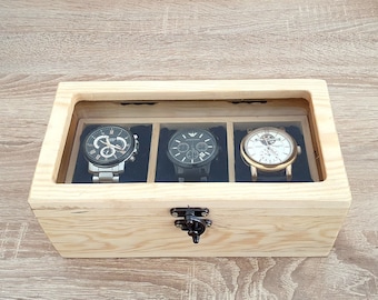 Wooden Watch Box for 3 Wathes, Watch Storage Box, Wooden Watch Case with Glass Lid, Gift for Men, Gift for Women, Personalized Watch Box