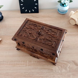 Hand Carved Puzzle Box, Walnut Secret Lock Box, Vintage Jewelry Box, Puzzle Box for Adults, Velvet Jewelry Box, Walnut Box, Gift for Her