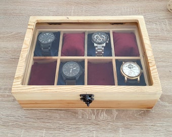 Large Watch Box For Men, Watch Storage Box with 8 Slots, Natural Wood Watch Box, Glass Lid Watch Display Box, Gift for Men, Gift for Women