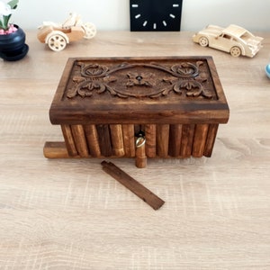 Hand Carved Puzzle Box, Walnut Secret Lock Box, Vintage Jewelry Box, Puzzle Box for Adults, Velvet Jewelry Box, Walnut Box, Gift for Her