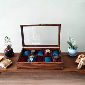 Customized Walnut Finish Watch Box, Watch Storage Box with 10 Slots, Glass Lid Watch Box, Wood Organizer for Personal Stuff, Gift for Men