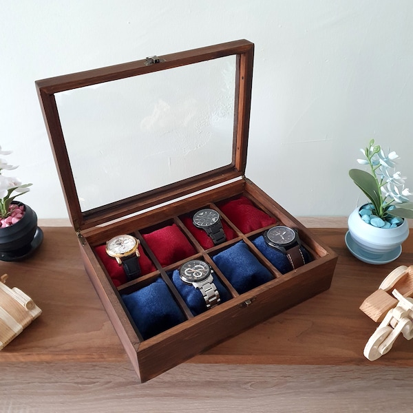 Large Watch Box For Men, Watch Organize Box with 8 Slots, Walnut Finish Watch Box, Glass Lid Watch Display Box, Gift for Men, Gift for Women