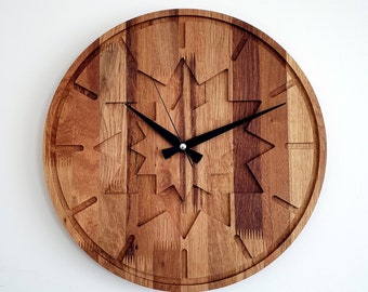 May include: A wooden wall clock with a geometric design and black hands. The clock face is made of multiple pieces of wood, creating a unique and rustic look.