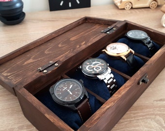 Watch Box For Men, Personalized Watch Storage Box with 4 Slots, Walnut Finish Watch Box, Watch Box for 4 Watches, Gift for Men, Gift for Her