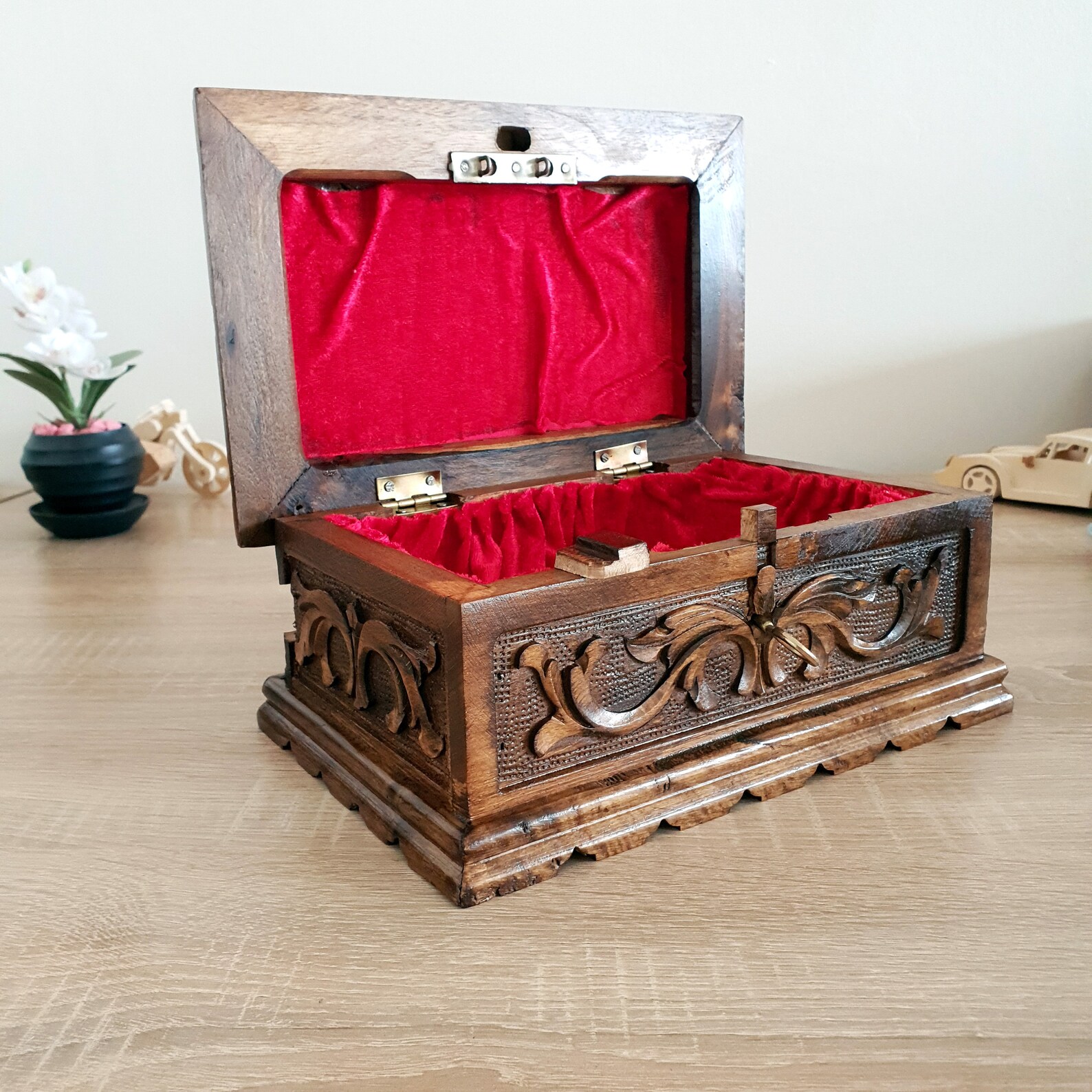 Hand Carved Puzzle Box Walnut Secret Lock Box Vintage Etsy