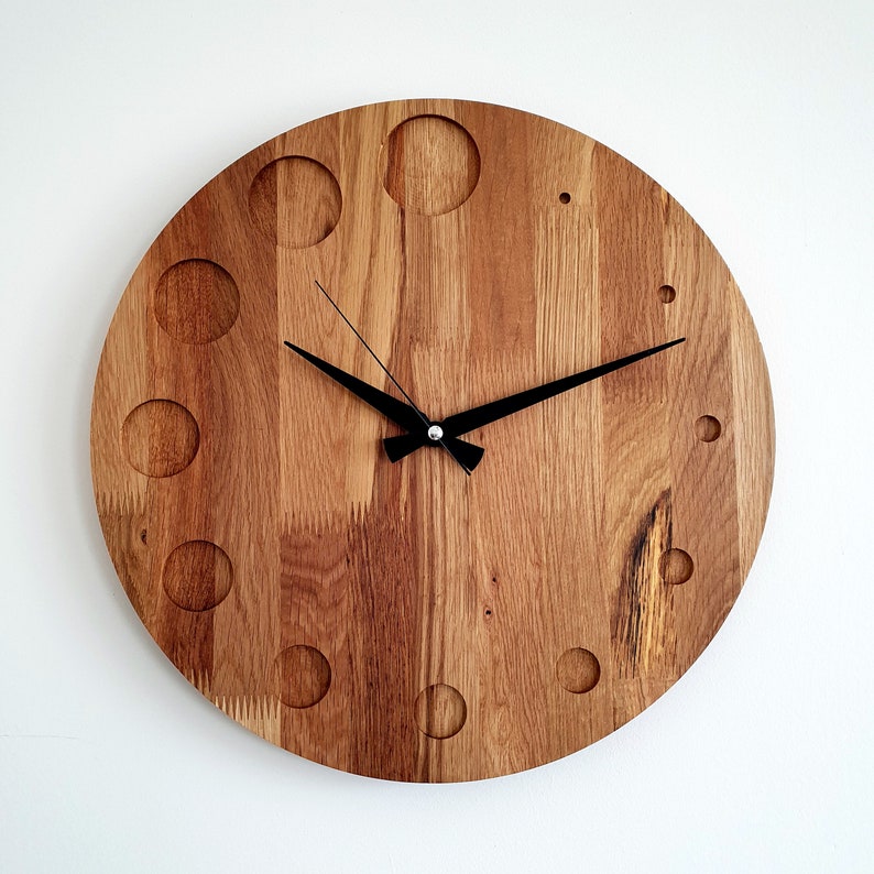 Oak Wooden Wall Clock, 15'' Geometric Design Wall Clock, Minimalist Wall Clock, Silent Clock, Oak Wall Clock, Handmade Home Decor, New Home image 1