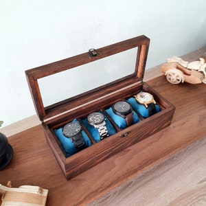 Watch Box For Men, Personalized Watch Storage Box with 4 Slots, Walnut Finish Watch Box, Watch Box with Glass Lid, Gift for Men, Anniversary