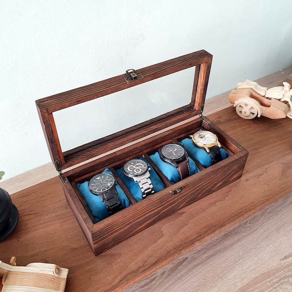 Watch Box For Men, Personalized Watch Storage Box with 4 Slots, Walnut Finish Watch Box, Watch Box with Glass Lid, Gift for Men, Anniversary