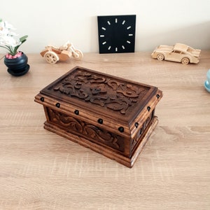 Hand Carved Puzzle Box, Walnut Secret Lock Box, Vintage Jewelry Box, Puzzle Box for Adults, Velvet Jewelry Box, Customized Wood Box with Key