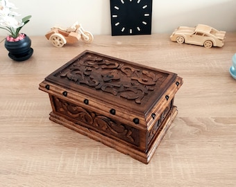 Hand Carved Puzzle Box, Walnut Secret Lock Box, Vintage Jewelry Box, Puzzle Box for Adults, Velvet Jewelry Box, Customized Wood Box with Key
