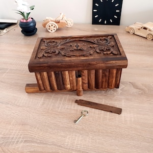 Hand Carved Puzzle Box, Blue Inlay Puzzle Box Walnut Secret Lock Box, Vintage Jewelry Box, Puzzle Box for Adults, Velvet Jewelry Box