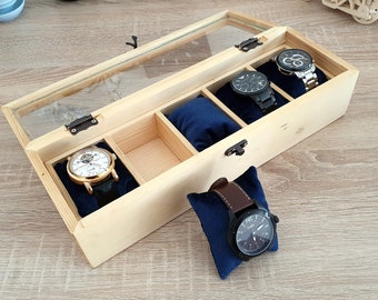 Natural Wood Watch Box Organizer, Real Glass Lid Watch Box, Personalized Watch Storage Box with 5 Slots, Watch Display Case, Gift for Him
