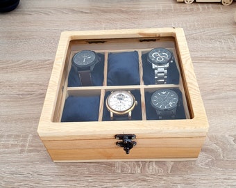 Scatola porta orologi da uomo, scatola porta orologi con coperchio in vero vetro con 6 scomparti, scatola porta orologi in legno naturale, scatola porta orologi, regalo per uomo, regalo per donna