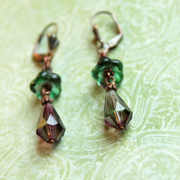 Green and violet bellflower dangle earrings