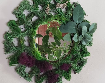 MOSS  MIRROR  / round / decorative / hand made / faux leaves / preserved moss / wall mount / nature / fantasy / mystical wreath indoor