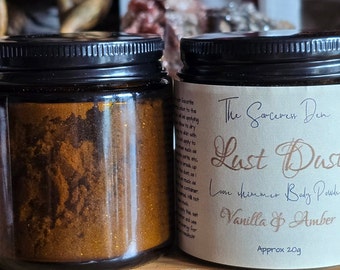 LUST DUST / Love and Attraction spell body powder / amber vanilla scented / perfume shimmer / handmade / lotus root powder / fairy fae