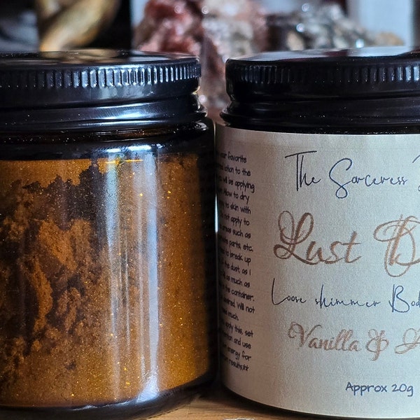 LUST DUST / Love and Attraction spell body powder / amber vanilla scented / perfume shimmer / handmade / lotus root powder / fairy fae