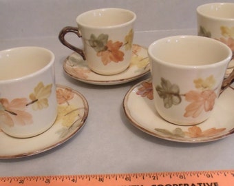 Vintage Franciscan Ware October Brown Autumn Leaves Cup and Saucer Set of 4 Earthenware Coffee Mugs