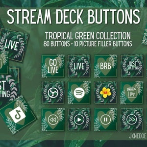 Può includere: Un set di 80 pulsanti Stream Deck a tema tropicale verde e bianco con icone per lo streaming live, tra cui "Go Live", "Live", "BRB", "Just Chatting", "Cam Scene" e altro ancora. I pulsanti includono anche 10 pulsanti di riempimento delle immagini.