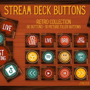 Puede incluir: Un conjunto de 80 botones de estilo retro para usar con una plataforma de transmisión. Los botones presentan varios iconos y texto, que incluyen "Go Live", "Live", "BRB", "Just Chatting", "Clip" y "Peace Out".