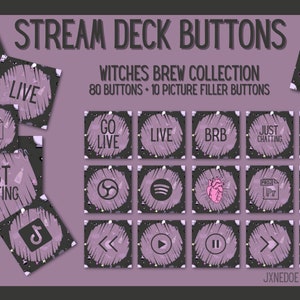 Peut inclure: Un ensemble de 80 boutons de deck de diffusion en violet et noir avec diverses icônes et du texte, notamment "Live", "Go Live", "BRB", "Just Chatting", "Clip" et "Pr". Les boutons sont conçus avec un thème de sorcière et présentent un fond noir avec des étoiles blanches et un motif de gribouillis violet.