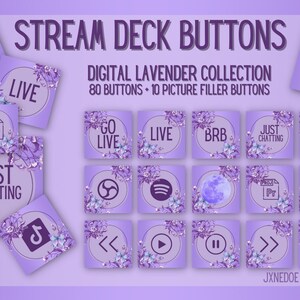 Könnte beinhalten: Lila und weiße, floral gestaltete Stream-Deck-Buttons mit Symbolen für live, go live, brb, just chatting, clip und mehr. Der Text "STREAM DECK BUTTONS" und "DIGITAL LAVENDER COLLECTION" befindet sich oben im Bild. Der Text "80 BUTTONS - 10 PICTURE FILLER BUTTONS" befindet sich unter dem Namen der Kollektion.