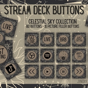 May include: A set of 80 celestial-themed stream deck buttons with a black background and gold accents. The buttons feature various icons and text, including "Live", "Go Live", "BRB", "Just Chatting", and "Clip".