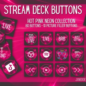 Könnte beinhalten: Eine Sammlung von 80 Stream-Deck-Knöpfen in leuchtend pinkem Neon mit verschiedenen Symbolen und Texten, darunter "Live", "Go Live", "BRB", "Just Chatting" und "Clip".