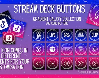 May include: Stream Deck buttons with a gradient galaxy theme. The image displays various icons for streaming, including music notes, play buttons, and chat bubbles. Each icon comes in three different gradient styles for customization.