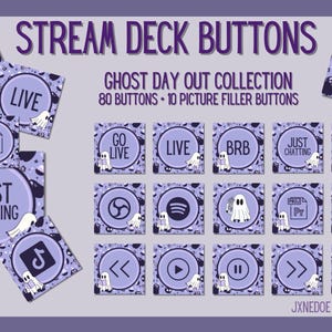 May include: A collection of Stream Deck buttons with a Halloween theme. The buttons are square and feature a purple background with a ghost illustration. Text on the buttons includes "LIVE", "BRB", "CLIP", and "JUST CHATTING". The collection includes 80 buttons and 10 picture filler buttons.