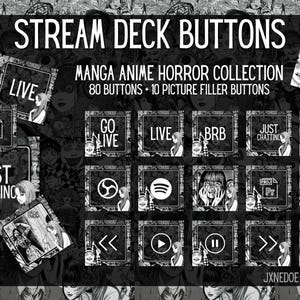 Puede incluir: Botones de deck de transmisión en blanco y negro con un tema de horror de manga anime. Los botones presentan varios textos e iconos, incluyendo "Live", "Go Live", "BRB", "Just Chatting", "Clip", y más. Los botones están colocados sobre un fondo de ilustraciones de estilo manga.