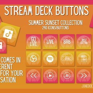 Può includere: Un set di pulsanti Stream Deck a tema tramonto estivo. L'immagine presenta varie icone e pulsanti con testo come "Go Live" e "Clip". Ogni icona è disponibile in tre diverse sfumature.