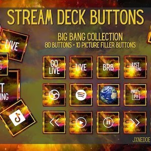Può includere: Grafica digitale con pulsanti Stream Deck della collezione Big Bang. Il design include pulsanti con testo come "GO LIVE", "LIVE" e "BRB", insieme a varie icone e uno sfondo a tema spaziale. L'immagine include anche il testo "80 Pulsanti + 10 Pulsanti di riempimento immagine."