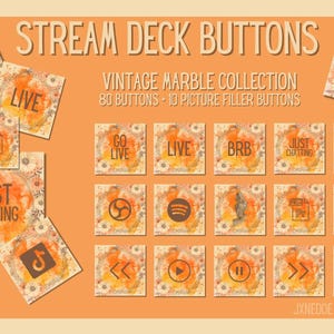 Può includere: Una collezione di pulsanti Stream Deck con un design vintage in marmo. I pulsanti presentano testo come "LIVE" e "JUST CHATTING", insieme a varie icone. Il set include 80 pulsanti e 10 pulsanti di riempimento immagine, il tutto in calde tonalità arancioni e gialle.