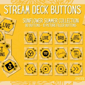 May include: A set of Stream Deck buttons with a sunflower design. The image shows yellow hexagonal buttons with black icons and text, including "LIVE", "BRB", and "CLIP". The text "STREAM DECK BUTTONS" is at the top.