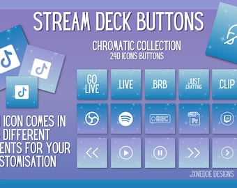 May include: A collection of Stream Deck buttons with a chromatic design. The image features various icons, including social media and media control symbols, set against a gradient blue background. Text includes "STREAM DECK BUTTONS" and "CHROMATIC COLLECTION".