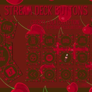 May include: A digital graphic featuring Stream Deck buttons with a cherry cola theme. The buttons are square with red and brown accents, displaying icons and text like "LIVE," "BRB," and "CLIP." The background is a deep red with cherry illustrations.