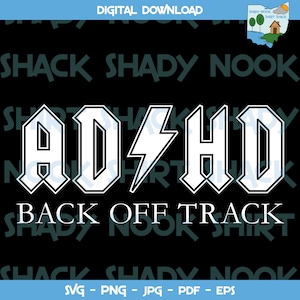 Pode incluir: Gráfico de download digital preto com o texto "ADHD BACK OFF TRACK" em branco, em negrito, com contorno. Um raio branco substitui o "I". As palavras "DOWNLOAD DIGITAL" estão no topo.