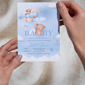 Blue Teddy Bear Baby Shower Invitation: Cloud & Balloon Theme (Editable Template, Instant Download)