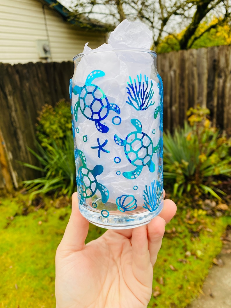 Turtle Shell Cups Sea Turtle Cup Ocean Cup Glass Cup 16 Oz Ocean Scape - Etsy