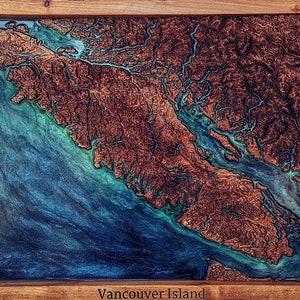 Aangepaste massief houten kaart Vancouver Island, epoxy, houten muurkunst, kerstcadeau, gepersonaliseerde landschapskustkaarten