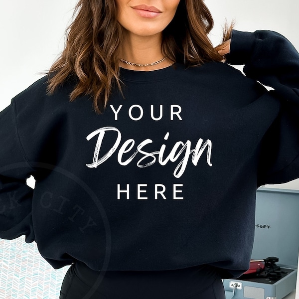 Gildan 18000 Mockup | Gildan Black Sweatshirt Mockup | Sweatshirt Model Mockup | Simple Mockup | Black Gildan Oversized Crewneck Mockups