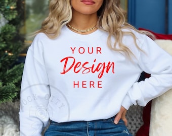 Gildan 18000 Sweatshirt Mockup - White Sweatshirt Mock Up - Heavy Blend Sweatshirt - Model Mockup - Holiday Mockup - Christmas Mockup