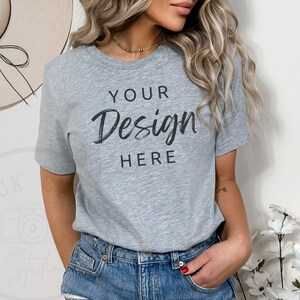 Athletic Heather Bella Canvas 3001, Tshirt Mockup, T-shirt grigia Mock, Fall Mockup, Model Mock, T-shirt grigia Mockup, T-shirt grigia Mockup