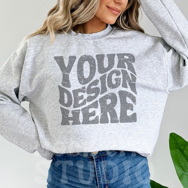 Gildan 18000 Ash Mockup, Gildan Ash Gray Sweatshirt Mockup | Sweatshirt Model Mockup | Ash Gildan Crewneck Mockups | Aesthetic 18000 Mockup