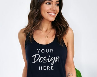 May include: A black racerback tank top with the text "YOUR Design HERE" printed in white on the front.