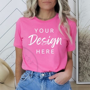Charity Pink Bella Canvas 3001, Tshirt Mockup, Bright Pink Shirt Mock, Summer Mockup, Model Mock up, Pink T-Shirt Mockup, Minimalist mockup