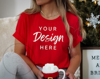 Bella Canvas 3001 Tshirt Mock up - Red Shirt Mockup - Bella Canvas Shirt - Christmas Mockup - T Shirt Mockup - Holiday Mock up