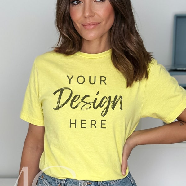 Gildan Cornsilk Tshirt Mockup, Gildan 64000 Mockup, Soft Style T Shirt Mock up, Yellow Tshirt Mockup